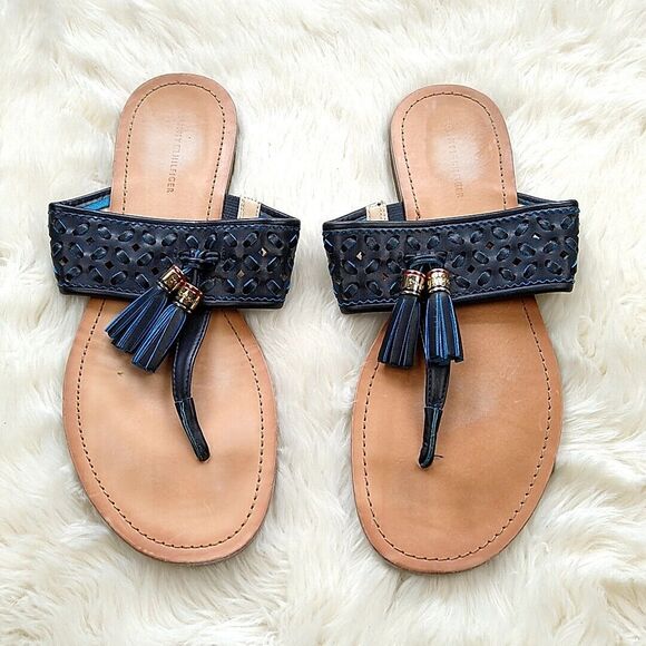 Tommy Hilfiger Womens sz 8 Sandals Blue Leather Tassel Toe Strap - Picture 1 of 3